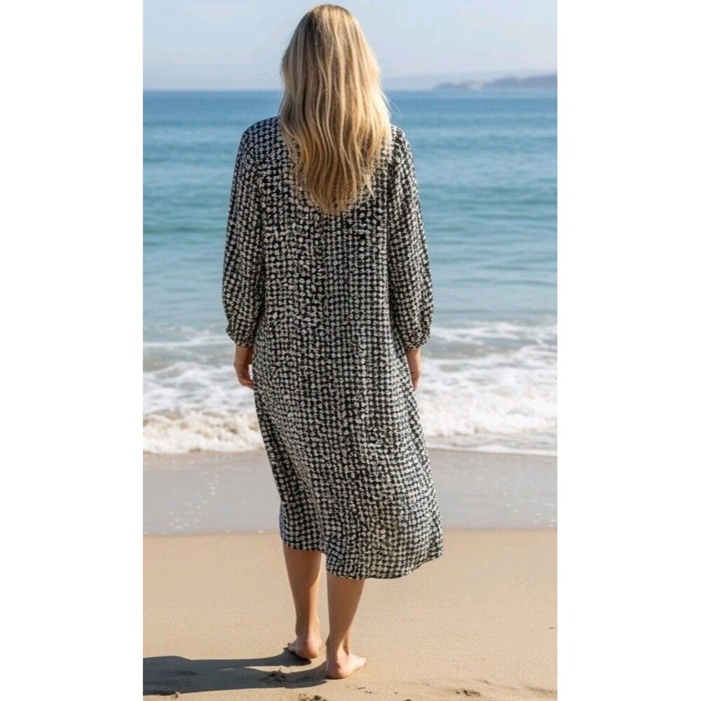 Sheer Abstract Print Maxi Cover Up Shirt Dress Boho Resort Layering Kimono M/L